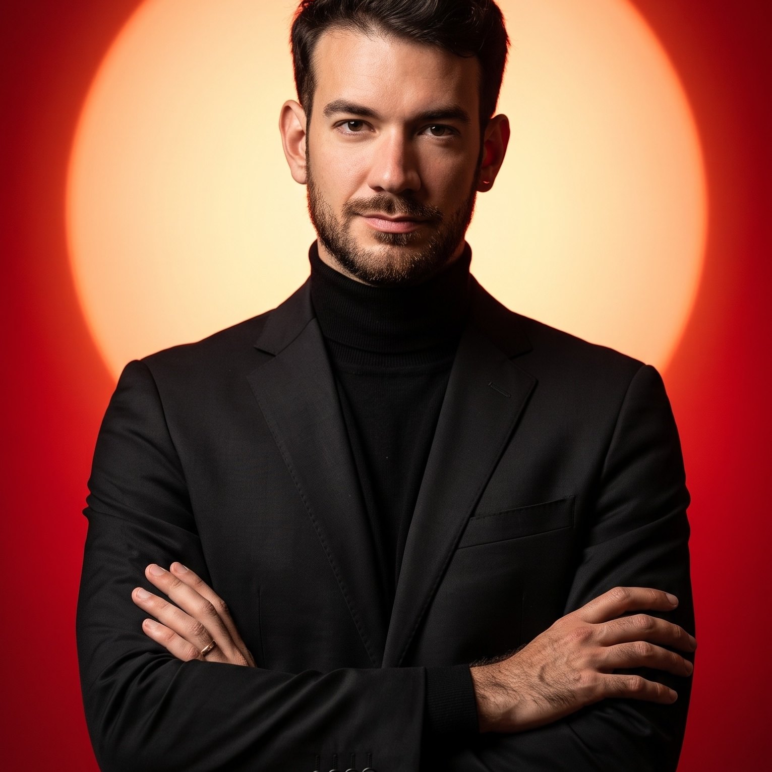 Marc Ferdinand Körner, Photograph aus Neckarsulm, im Studio vor rotem Hintergrund